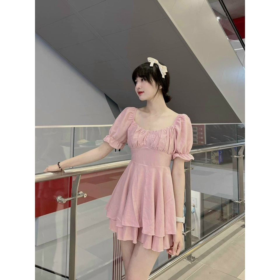 [FREESHIP] Jump ngắn xếp ly ngực cột nơ eo bèo tầng màu đen/hồng NÀNG CLOSET