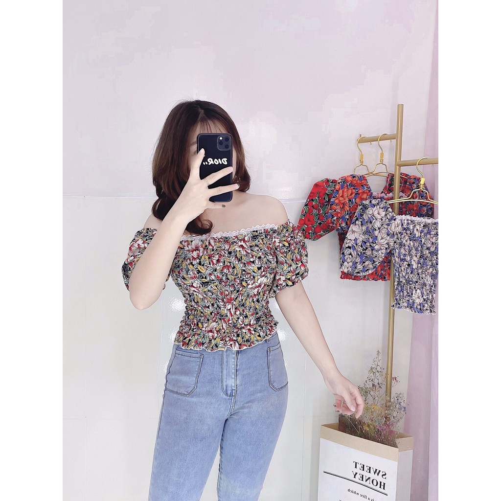 Áo Kiểu Voan Hoa Nhí Thân Nhún Tay Ngắn Bẹt Vai Thời Trang TTSA0558