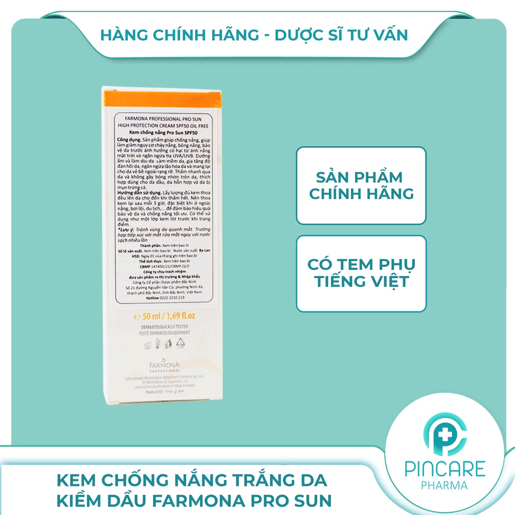Kem chống nắng Farmona Professional Pro Sun 50ml - Kem chống nắng cho da mụn kiềm dầu - Hàng chính hãng - Pincare