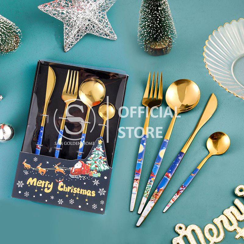 Set Muỗng Nĩa Giáng Sinh Vàng Gold Quà Tặng Noel Trang Trí Bàn Ăn Sang Trọng Inox Siêu Bền