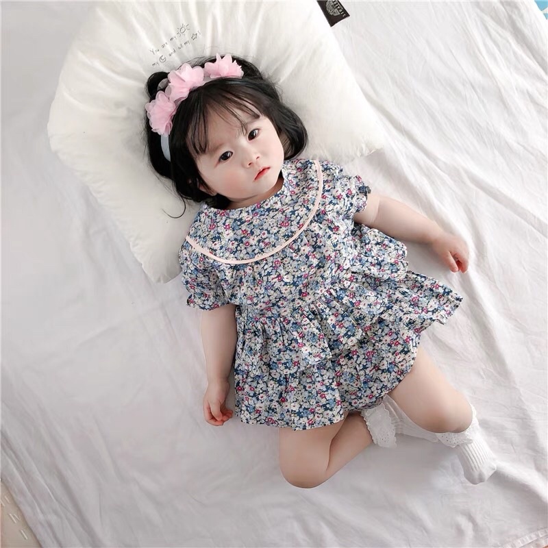 Body váy hoa xanh nhí công chúa cho bé gái 0-2 tuổi tặng kèm băng đô