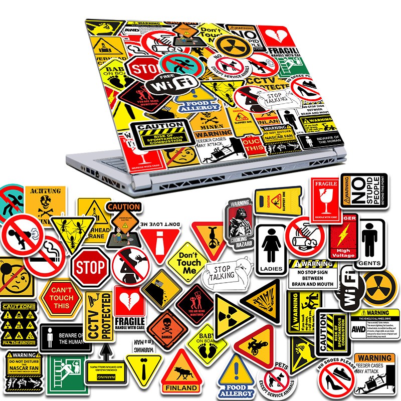 Set 50 sticker dán trang trí laptop/va li/xe mô tô/xe hơi diy chống thấm nước họa tiết biển báo nguy hiểm