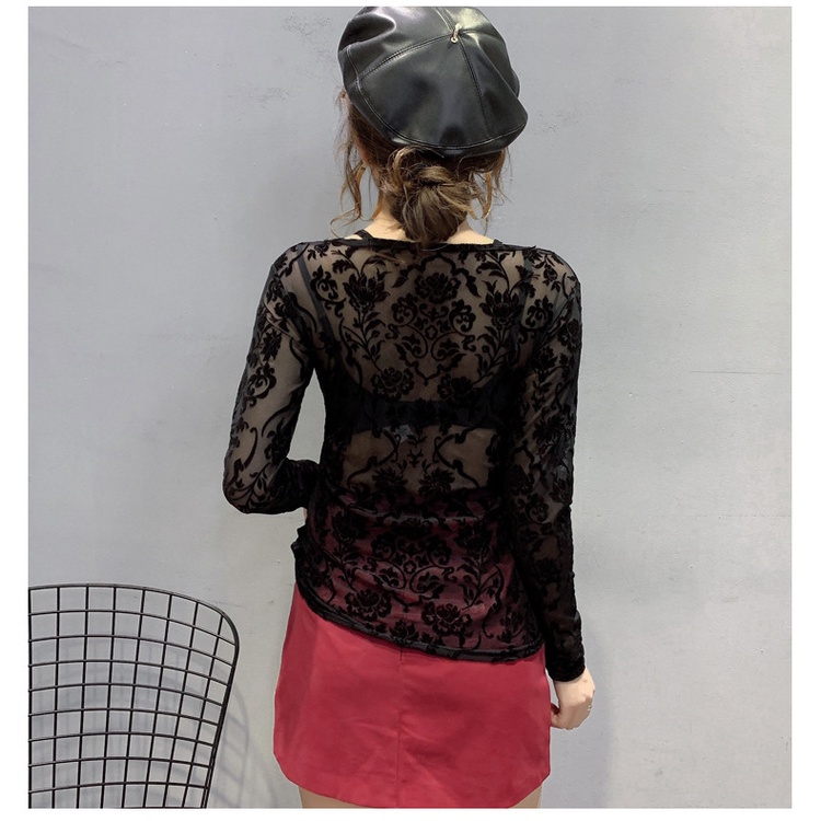 Áo lưới dài tay cổ chữ v phối ren thời trang mùa xuân cho nữ Áo ren dài tay