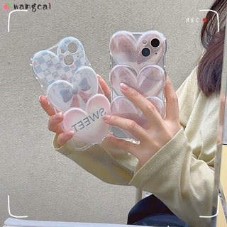 Ốp Điện Thoại Mềm Trong Suốt Họa Tiết Sọc Caro Đính Nơ / Trái Tim 3D Sáng Tạo Cho iPhone 13 12 11 Pro Max
