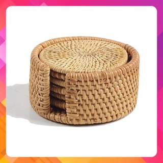 Bộ lót ly bằng mây - Set 6 miếng lót và 1 đế đựng - Rattan Coasters Set