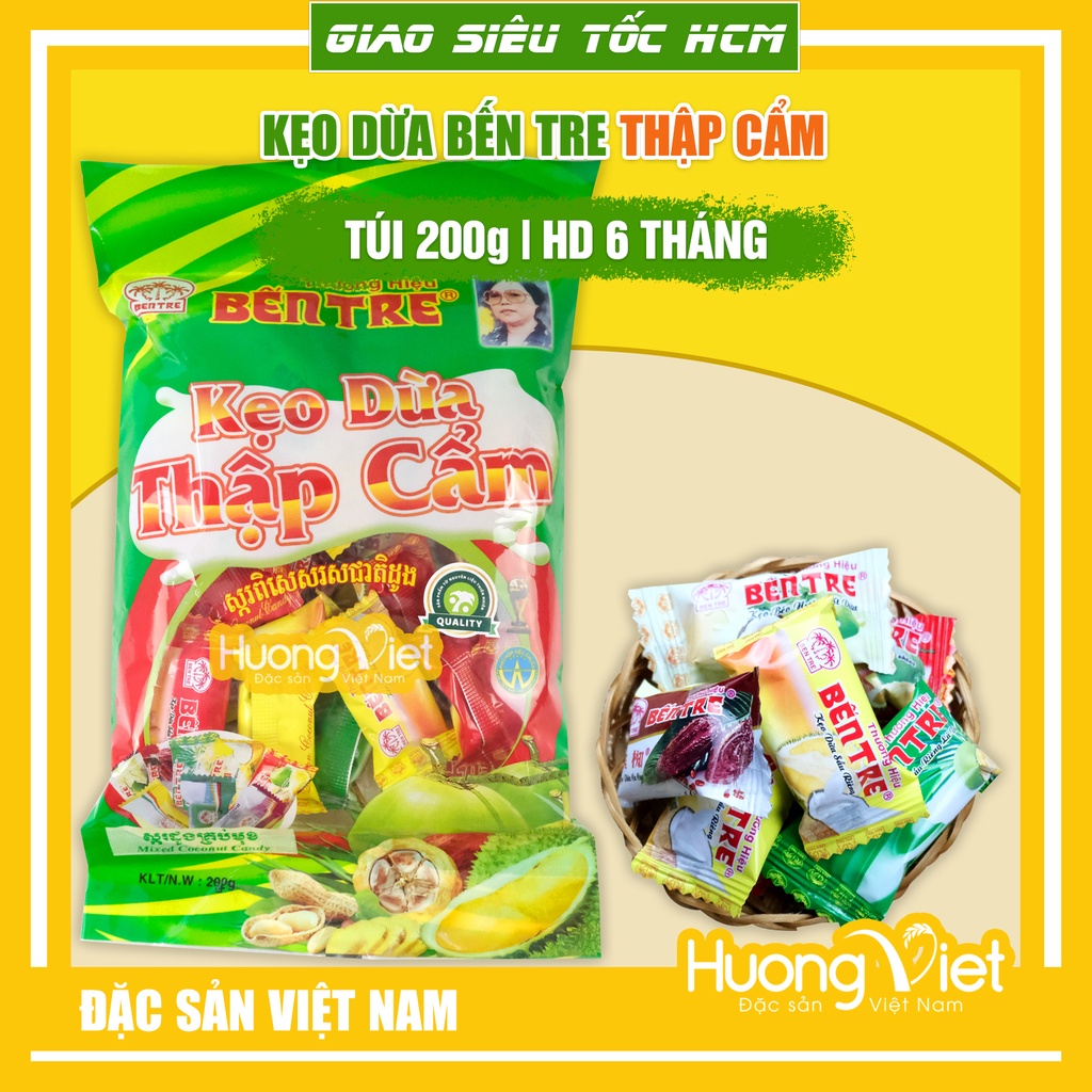 Kẹo dừa BẾN TRE thập cẩm nhiều vị túi 200g, đặc sản kẹo Việt Nam, bánh kẹo Việt