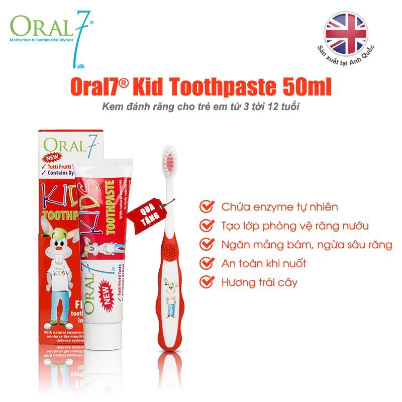 Kem đánh răng cao cấp dành cho trẻ em từ 3 đến12 tuổi Oral7 Kids Toothpaste hương trái cây an toàn cho bé