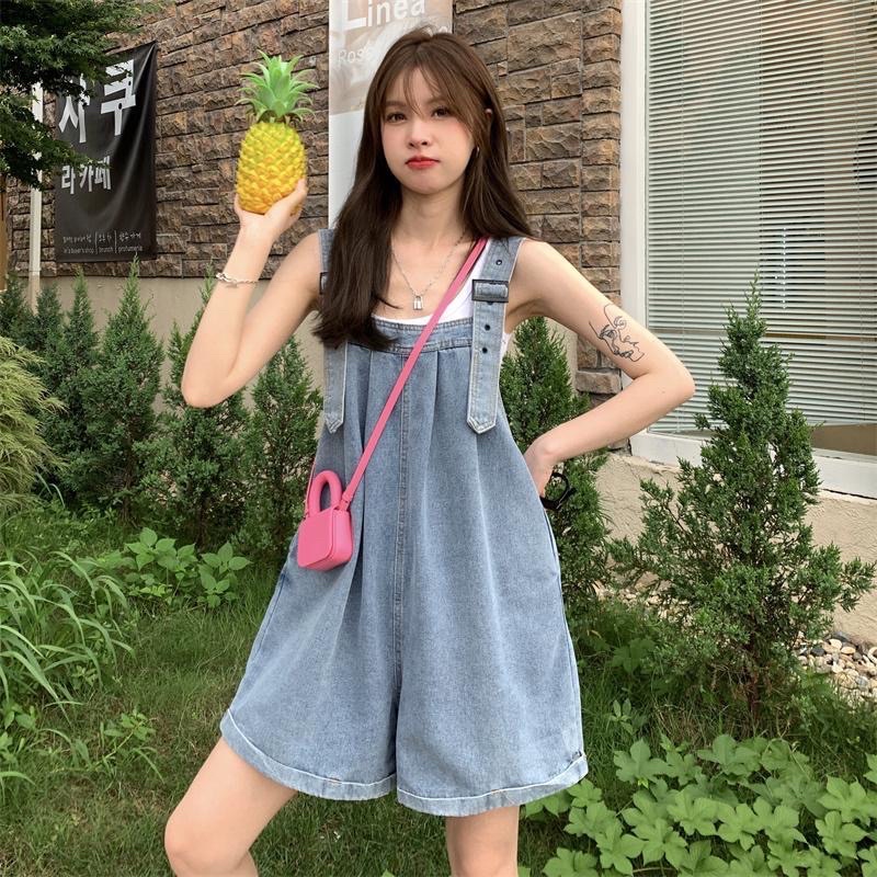 Quần Yếm Short Sooc Đùi Denim Jean Bò Dáng Ngắn Phong Cách Hàn Quốc Retro Vintage Đi Chơi Biển Đi Làm Chali YQ011