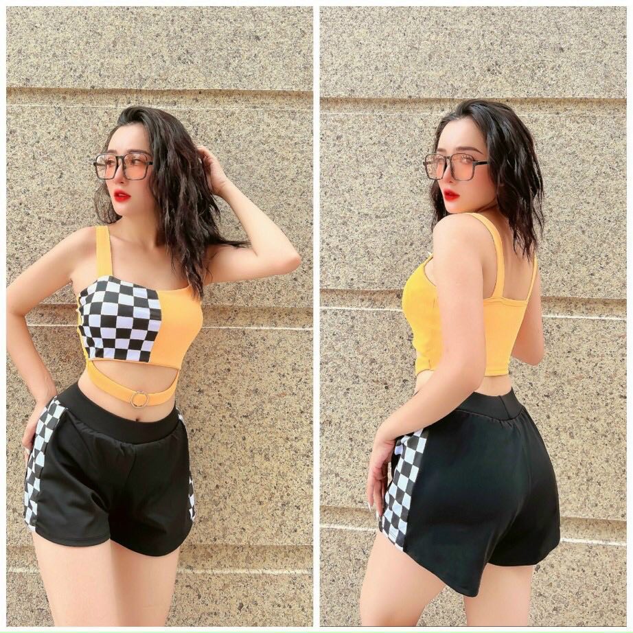 Đồ tập gym nữ áo bra caro quần đùi 2 lớp cá tính tập gym yoga aerobic chạy bộ
