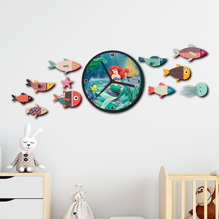 Bộ đồng hồ treo tường decor nàng tiên cá trang trí phòng đẹp kèm 11 bé cá, bạch tuộc, sao biển gỗ