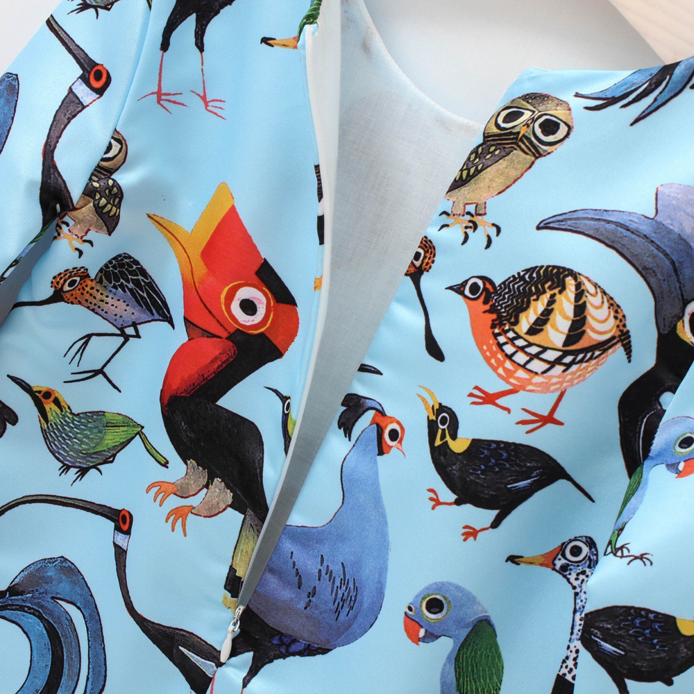 Đầm SANLUTOZ màu xanh dương in họa tiết chim phong cách thời trang mùa đông cho bé gái