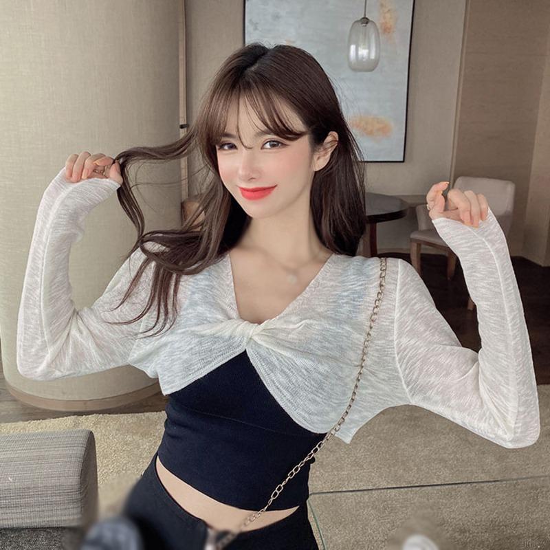 Áo Croptop Tay Dài Cổ Chữ V Phong Cách Hàn Quốc Thời Trang Cho Nữ