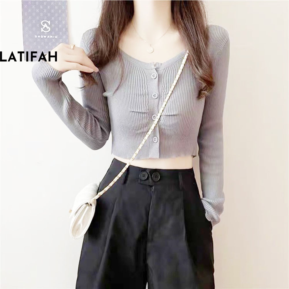 Áo thun croptop tay dài cổ tròn LATIFAH có cài cúc AT019 thun co giãn 4 chiều