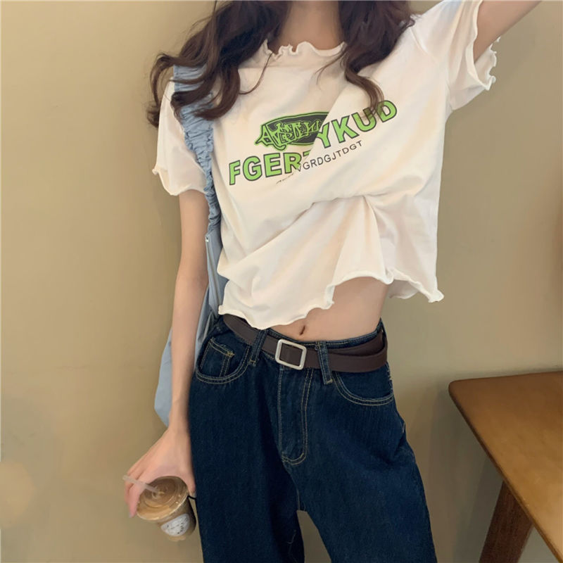  G&G Áo croptop tay ngắn dáng rộng in chữ phong cách Hàn Quốc thời trang hè cho nữ