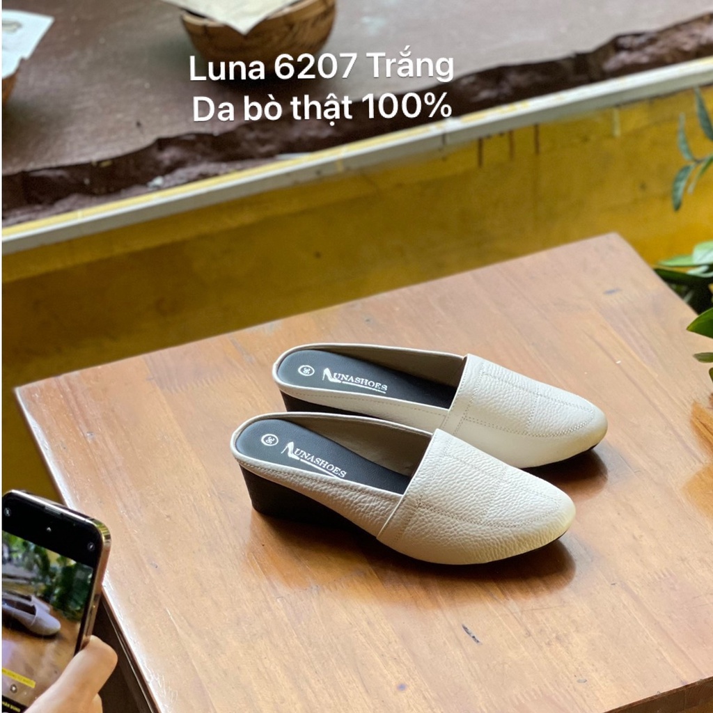 Giày sục nữ 3p LUNASHOES 32303 hở gót mũi tròn da bò mềm dễ đi phối đồ đẹp