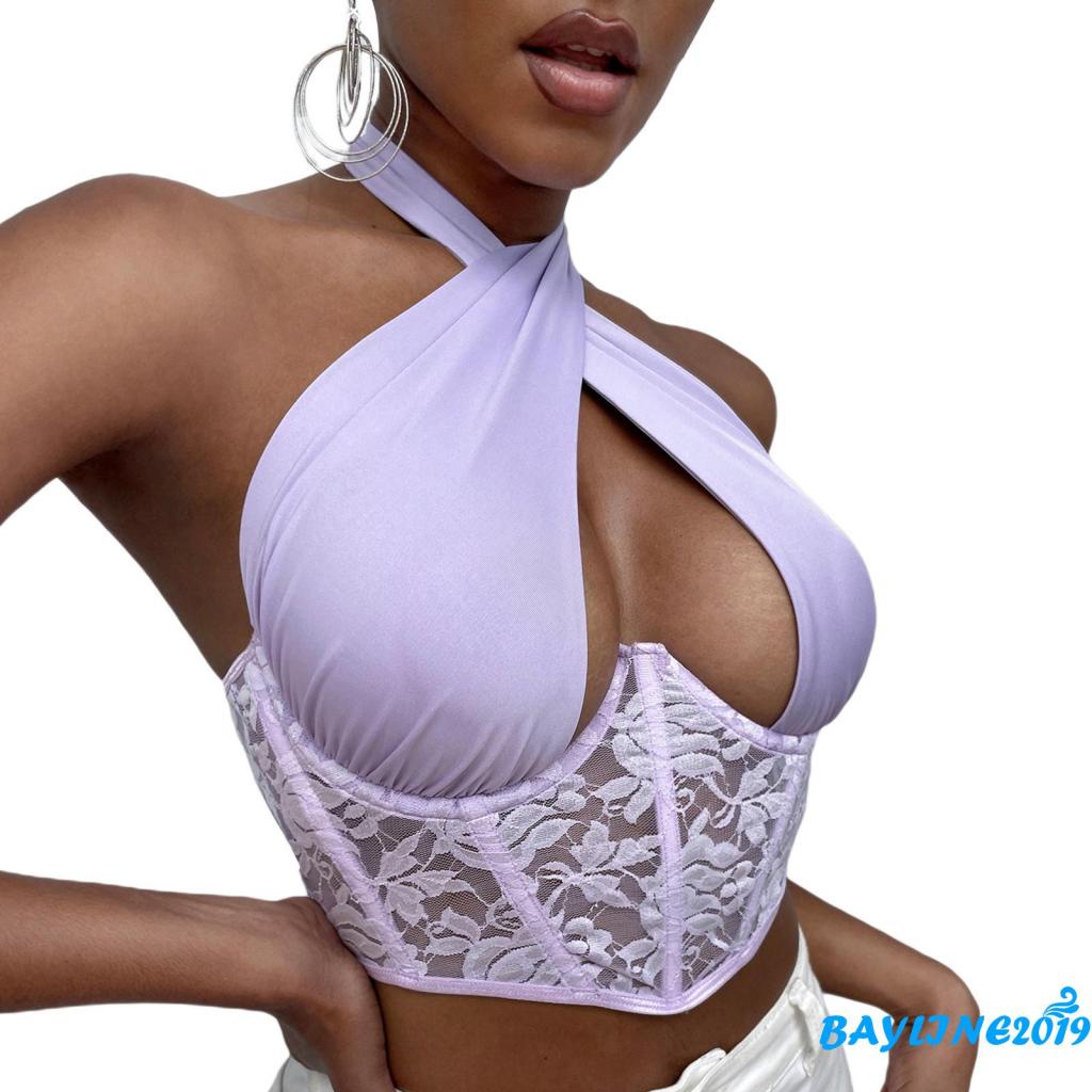 BAY-Female Camisole, Lace Floral Halter Neck Strappy Vest Sleeveless Crop Tops for Summer, Black, S/M/L