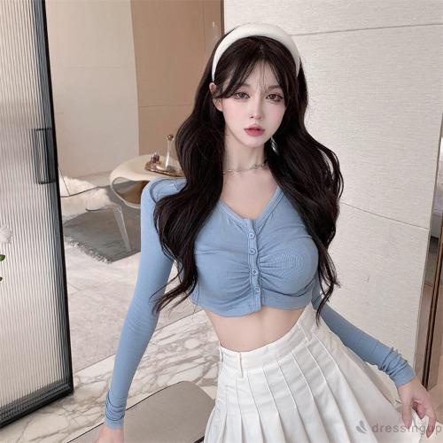 Áo thun ôm tay dài cổ tròn cài nút thời trang xuân thu cho nữ