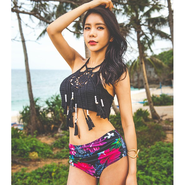 CÓ SẴN bikini len dệt kim đen retro eo cao