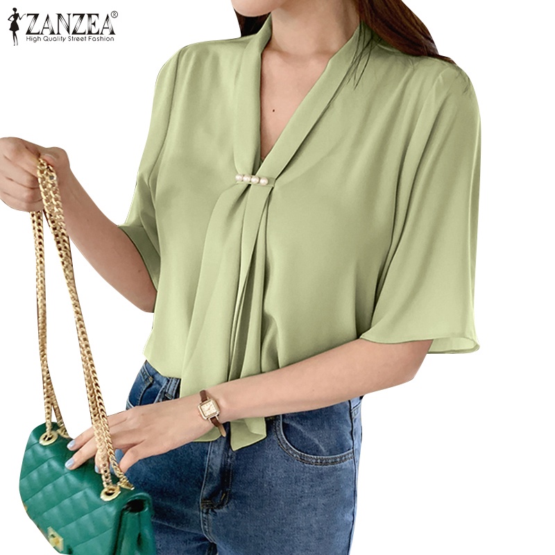 Zanzea Áo Sơ Mi Nữ Tay Ngắn Cổ Chữ V Thời Trang Thanh Lịch