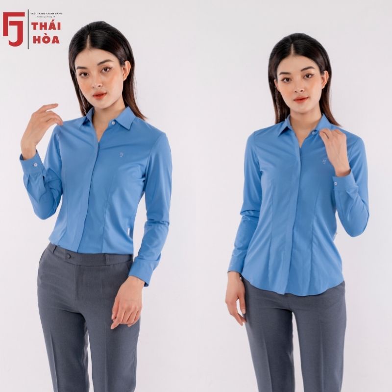 Áo sơ mi nữ cao cấp công sở dài tay màu xanh lam đậm vải sợi tre thai hoa 9021-05-02