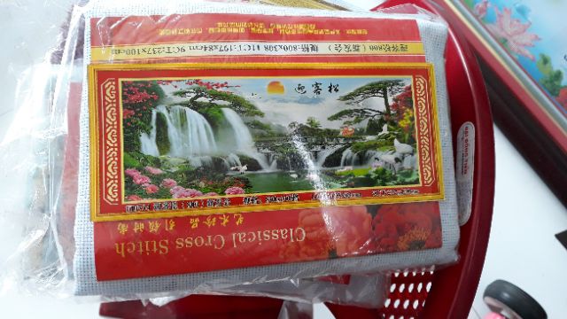 Tranh Đính Đá-Tranh Thêu phong cảnh khổ lớn tài lộc đổ về 240x1m 2mx90 194x84cm