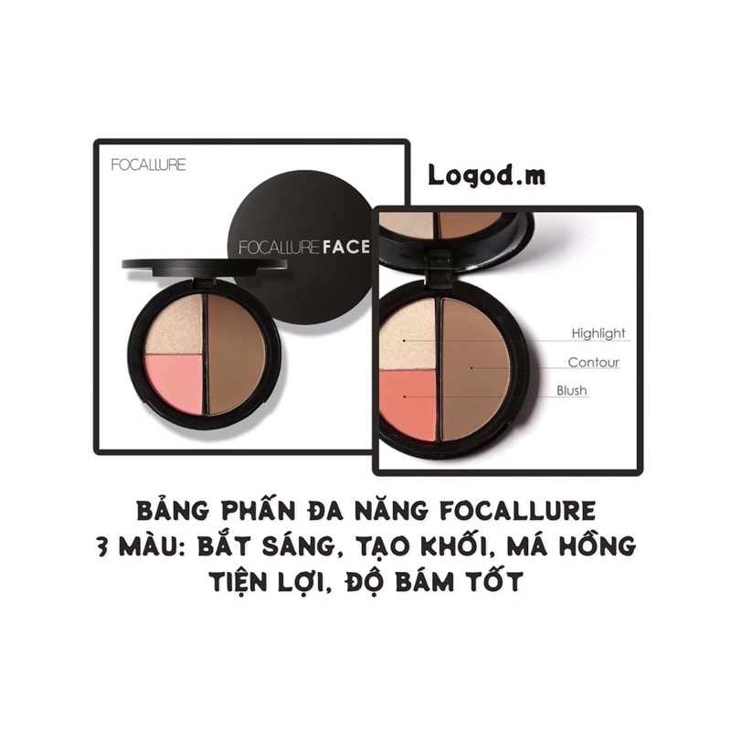 🎀SĂN SALE🎀Bảng Phấn Đa Năng FOCALLURE 3 Màu Bắt Sáng/ Tạo Khối/ Má Hồng Tiện Lợi, Bám Lâu - Logod.m