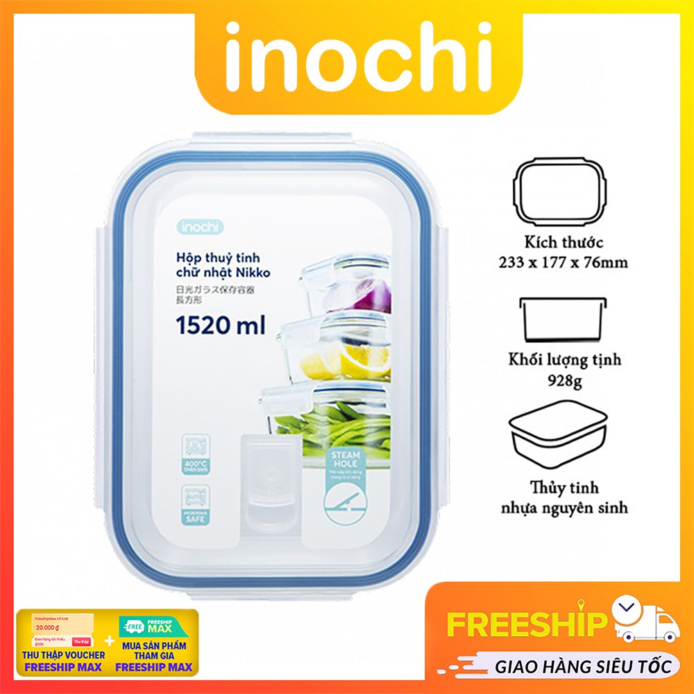 Bộ Hộp Thủy Tinh Đựng Thực Phẩm Thức Ăn Vuông Inochi (Bộ 4 Hộp), Hộp Đựng Đồ Ăn Giữ Nhiệt Mang Đi Làm,Công Nghệ Nhật Bản