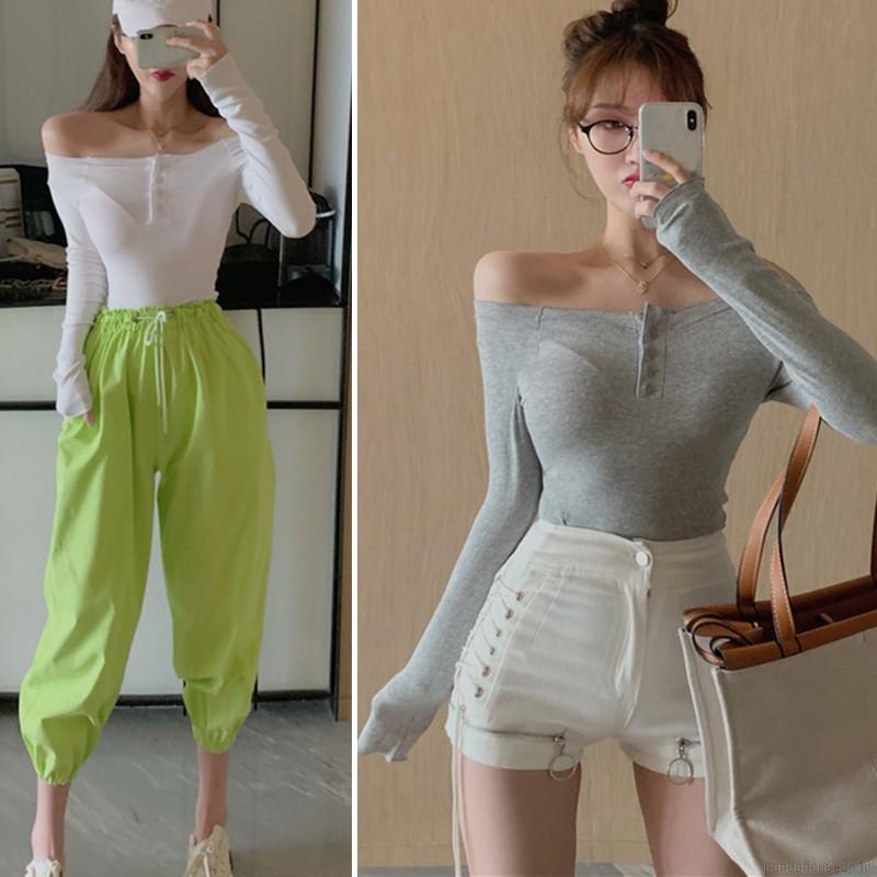 Women T-shirts Autumn Winter T-shirt Slim Slash Neck Long-sleeved Slim Off-shoulder One Neck T-shirts | BigBuy360 - bigbuy360.vn