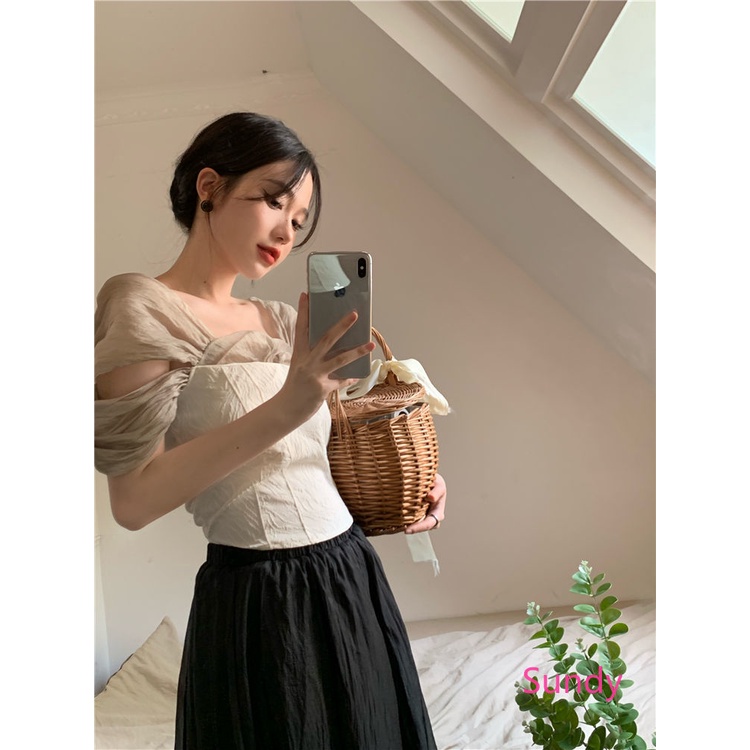 Áo Kiểu Trễ Vai Phối Lưới Thời Trang Mùa Hè Phong Cách Vintage Cho Nữ