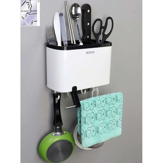 Giá kệ ống đũa nhà bếp Ecoco kèm móc treo và thanh phơi khăn dán tường siêu chắc bằng miếng dính silicon