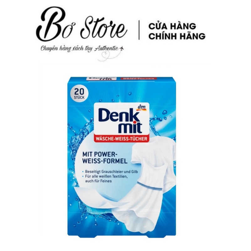 Miếng giặt tẩy quần áo trắng Denkmit giấy tẩy trắng, giữ màu trắng áo quần, hộp 20 tờ