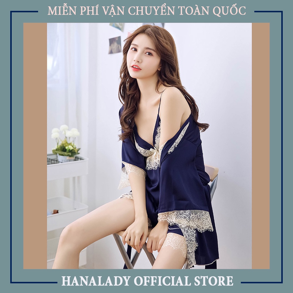 Bộ ngủ nữ áo choàng phối ren hoa cao cấp, đồ ngủ nữ áo choàng, bộ đồ áo choàng cao cấp V464