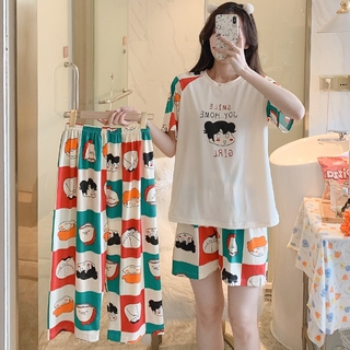 Bộ 3 đồ ngủ áo thun + quần short + quần dài in họa tiết dễ thương