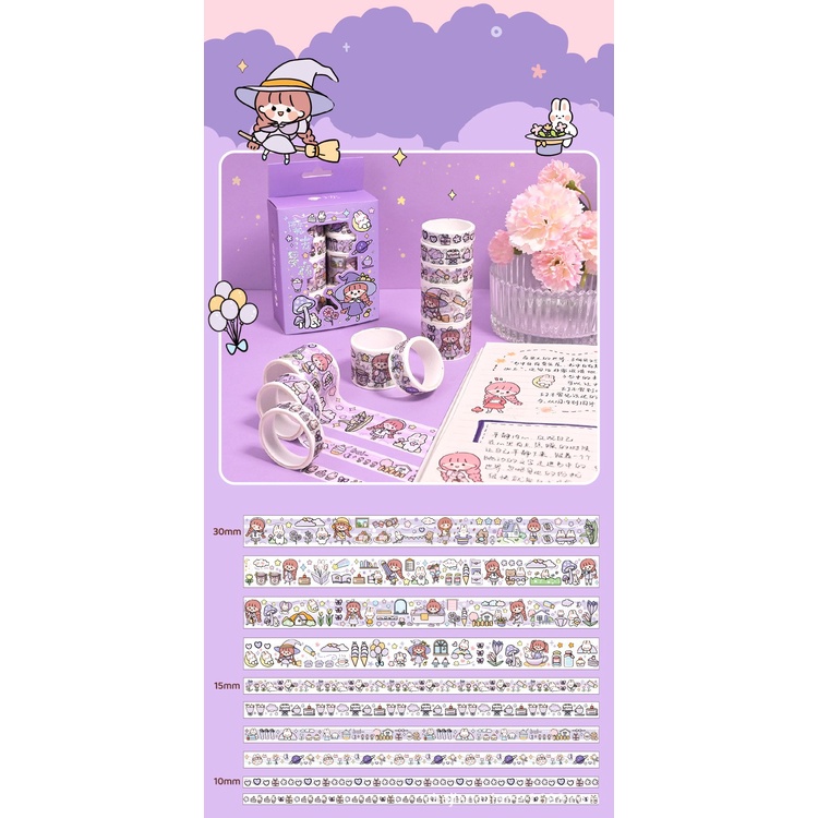 Washi Tape Hộp 10 Cuộn Băng Keo Hoạ Tiết Cute Dán Sổ Tay Decor Trang Trí Bullet Journal WS22