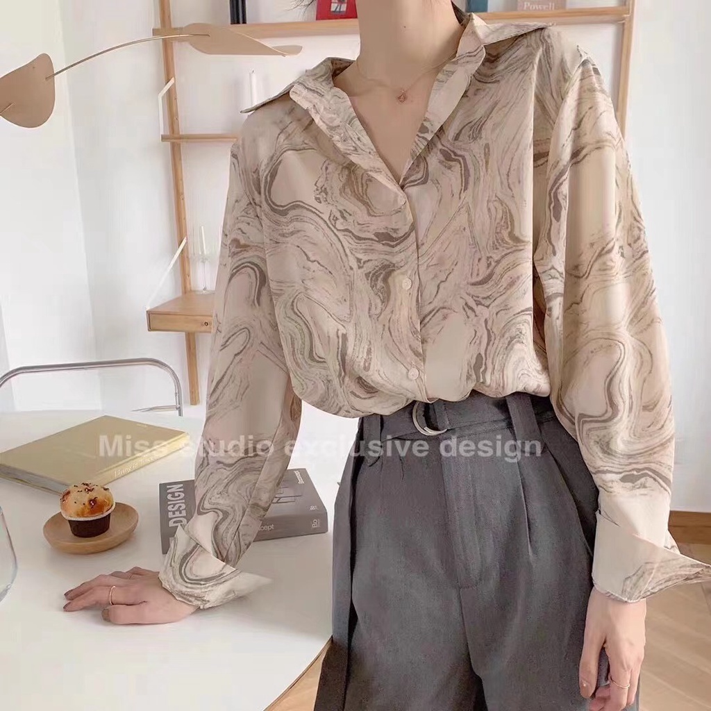 SUXI Áo Sơ Mi Tay Dài Dáng Rộng In Họa Tiết Vintage Dễ Phối Đồ Thời Trang Xuân Hè Phong Cách Hàn Quốc