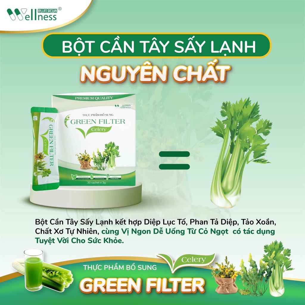 Bột cần tây sấy lạnh Organic GREEN FILTER giảm cân, giữ dáng, đẹp da, thanh lọc cơ thể, cân bằng nội tiết tố nữ