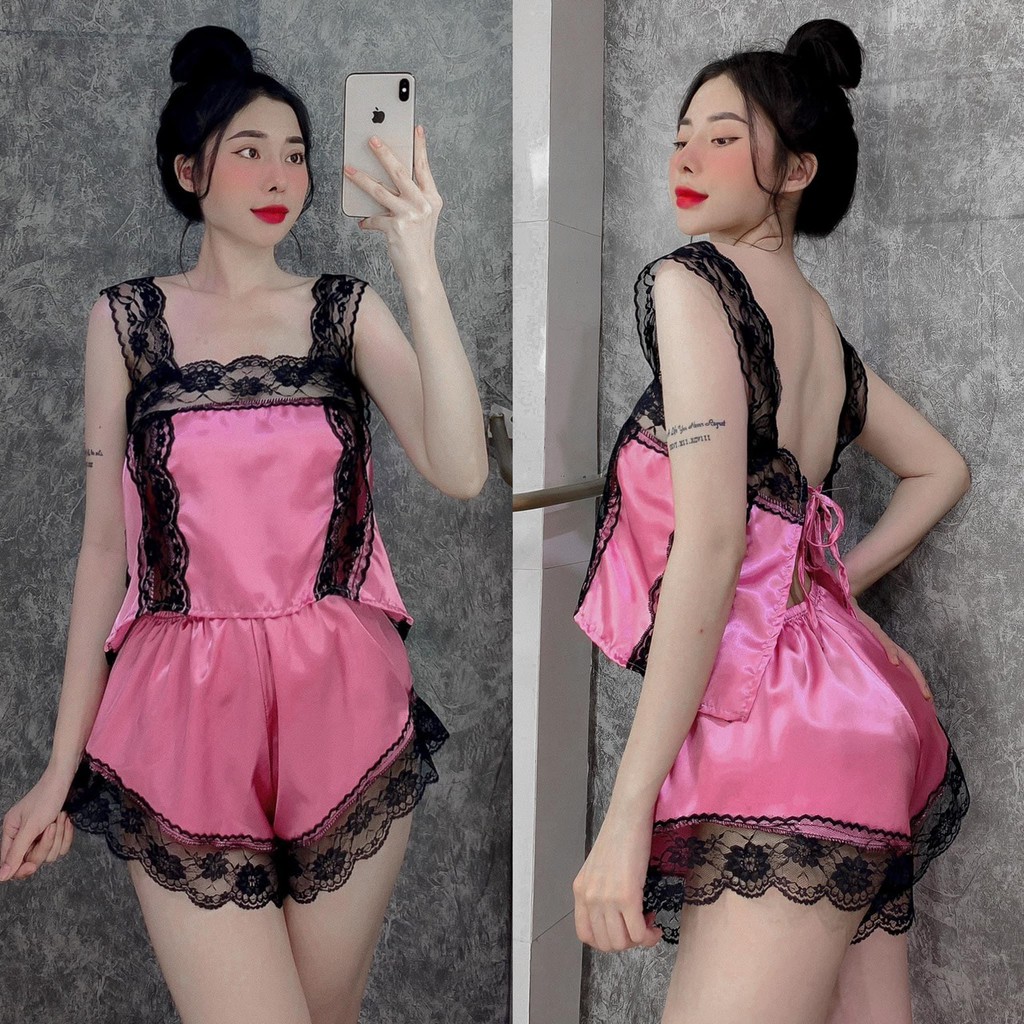 ĐỒ NGỦ  SEXY, 2 DÂY SEXY- PHỐI REN , VẢI SATIN, FREESIZE DƯỚI 55KG (tặng dây cột tóc) Đồ Ngủ sexy phối ren cực mát | BigBuy360 - bigbuy360.vn