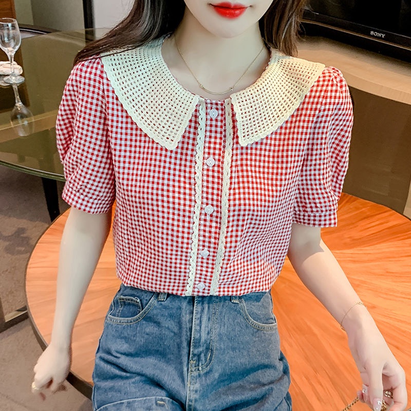 Áo Sơ Mi Tay Phồng Cổ Búp Bê Họa Tiết Sọc Caro Thời Trang Cho Nữ  tao bao