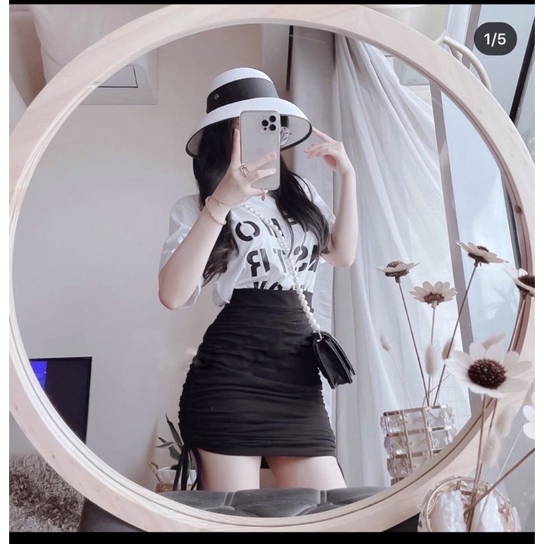 set áo thun+ chân váy dây rút ôm dáng