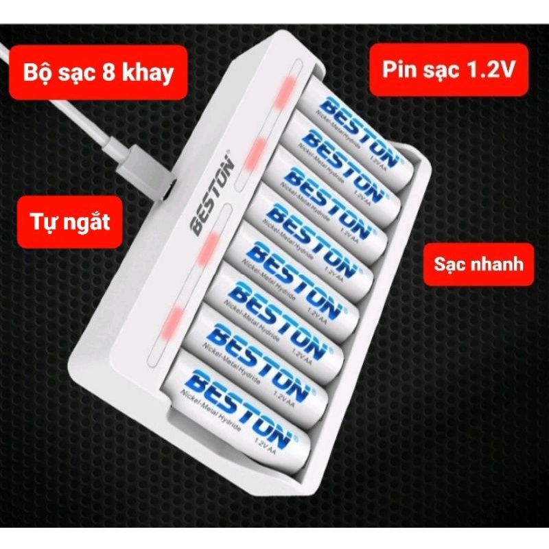 Pin sạc BESTON 1.2V AA AAA và bộ sạc pin BESTON 8 khay BST-C9010 sạc nhanh, tự ngắt, dùng cho micro không dây, đồng hồ,.