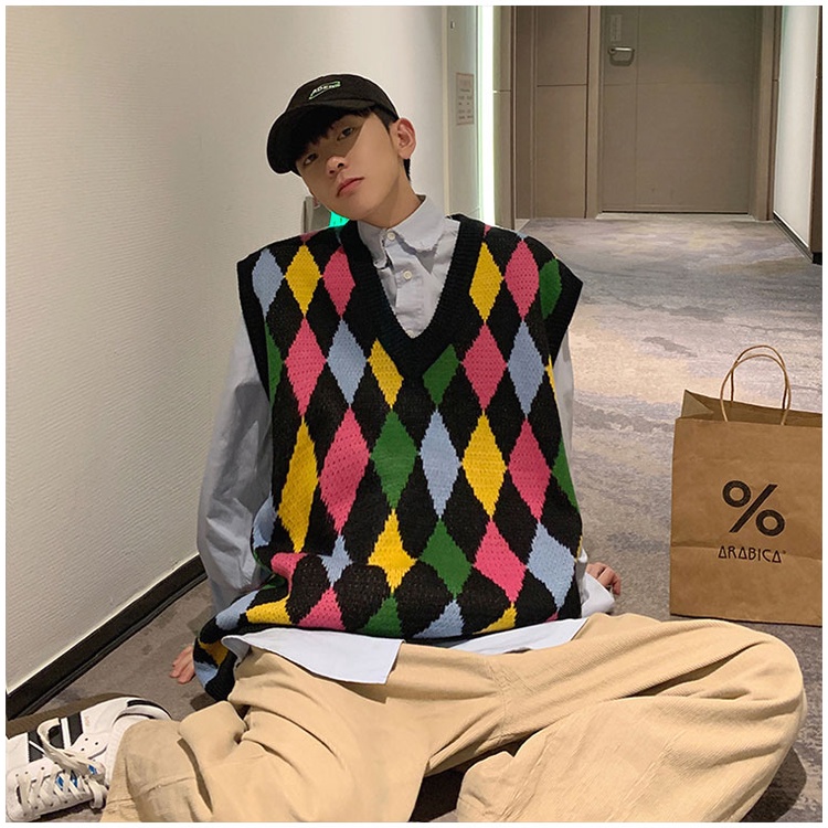 【M-2XL】Thời trang nam đầy màu sắc kẻ sọc V In thanh niên Vest nam xu hướng trẻ trung Đa năng không tay Unisex Vest cặp đôi