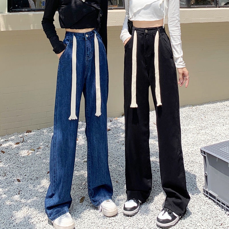 Quần jean lưng cao ống rộng thiết kế dây rút thời trang thu đông hàng mới dành cho nữ