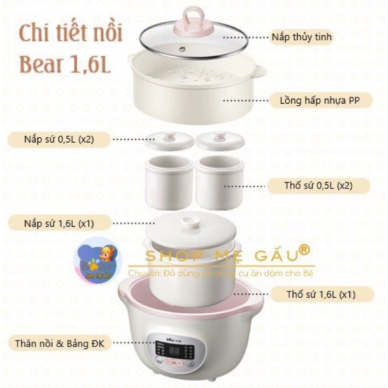 Nồi Nấu Cháo Chậm, Nồi Ninh Hầm Đa Năng BEAR Model SUBE002 Dung Tich 1,6L - Bản Quốc Tế BH Chính Hãng 18 Tháng