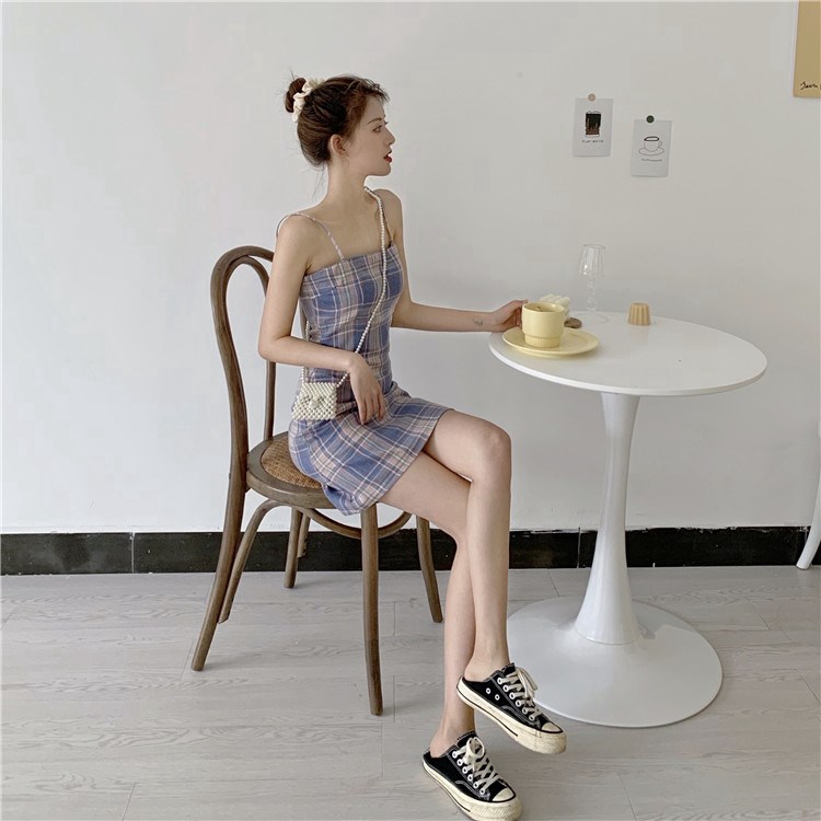 IELGY    Đầm Họa Tiết Kẻ Sọc Phong Cách Retro Pháp