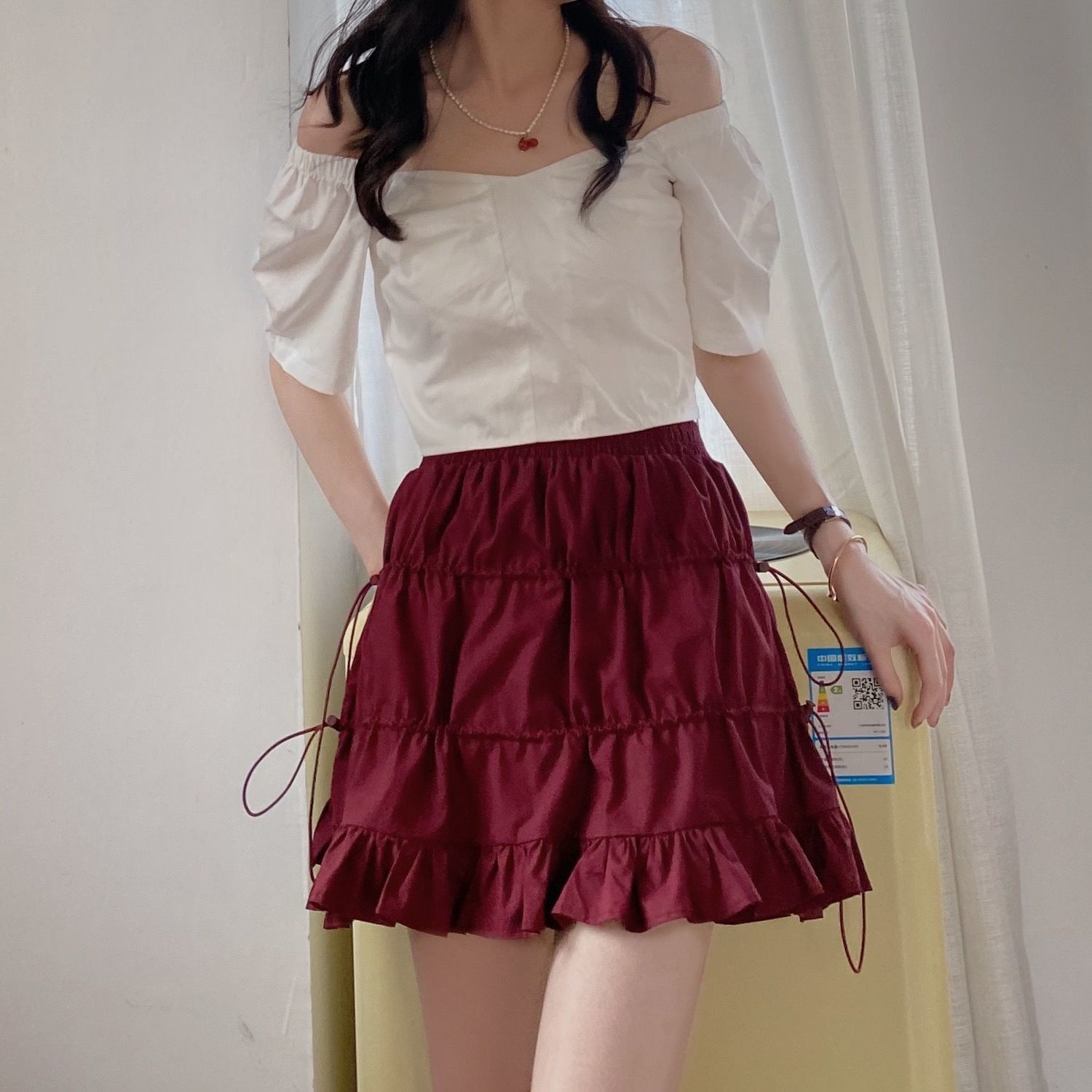 French Retro Sweet Girl Red High-Waist Slimming Short Skirt Elastic Waist Skirt 2021 | BigBuy360 - bigbuy360.vn