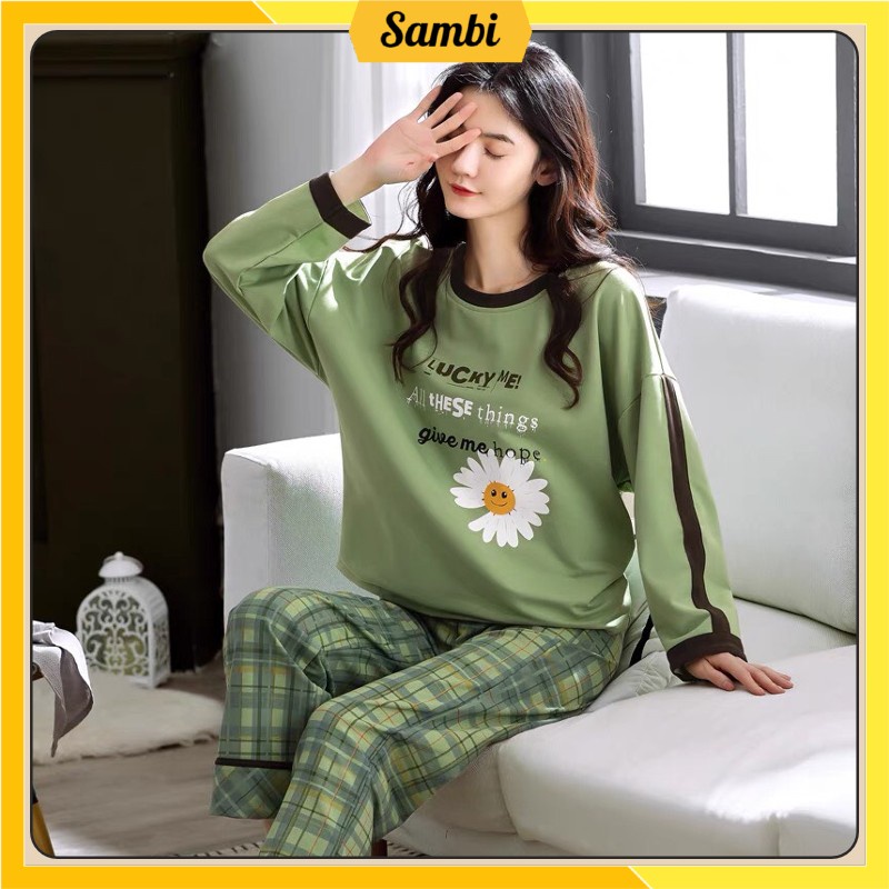 Bộ đồ mặc nhà nữ Sambi thu đông nỉ dài tay quần kẻ họa tiết cao cấp | BigBuy360 - bigbuy360.vn
