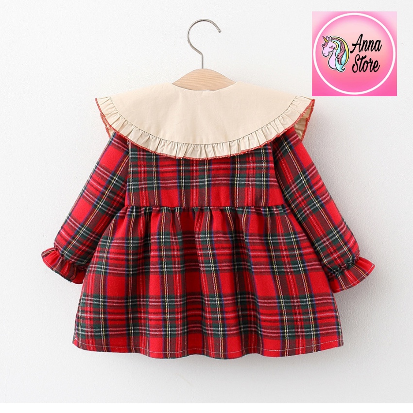 Set Đầm Bé Gái Caro Đỏ Dài Tay Phom Baby Doll Phối Túi Thỏ