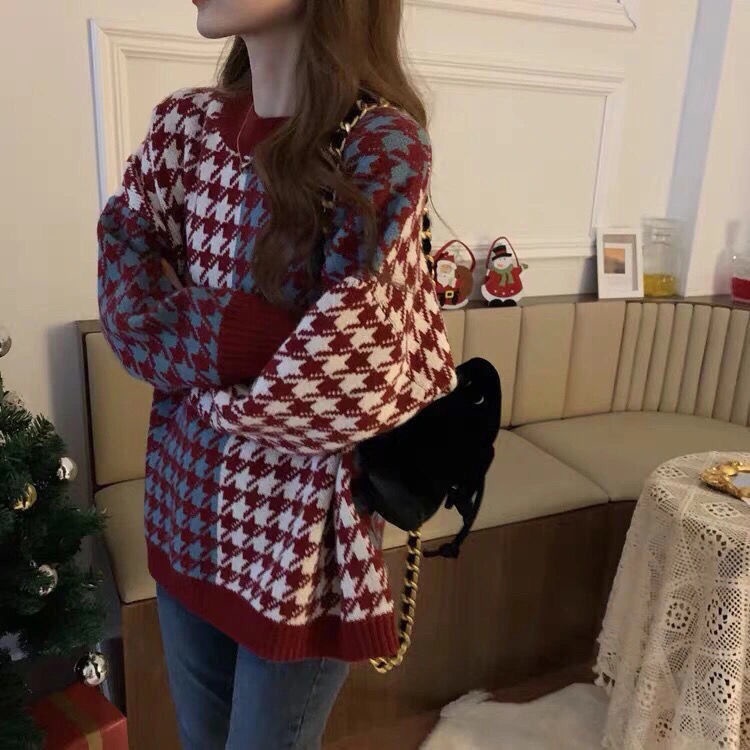 Áo sweater dệt kim dáng rộng họa tiết sọc caro thời trang Hàn Quốc