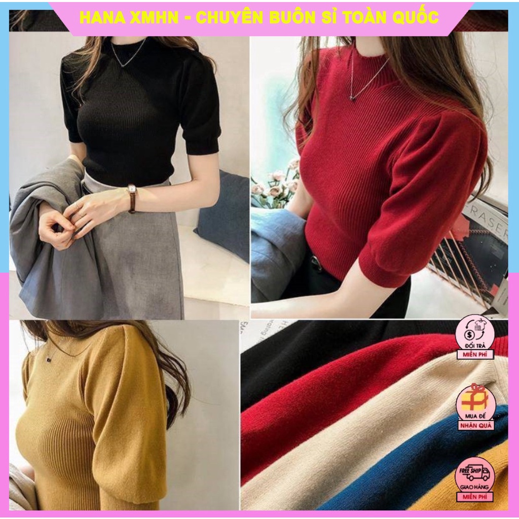 [ÁO DỆT KIM] BÁN SỈ ÁO LEN NỮ TAY BỒNG 7M QC, ÁO CỔ LỠ NGẮN TAY HÀNG QUẢNG CHÂU