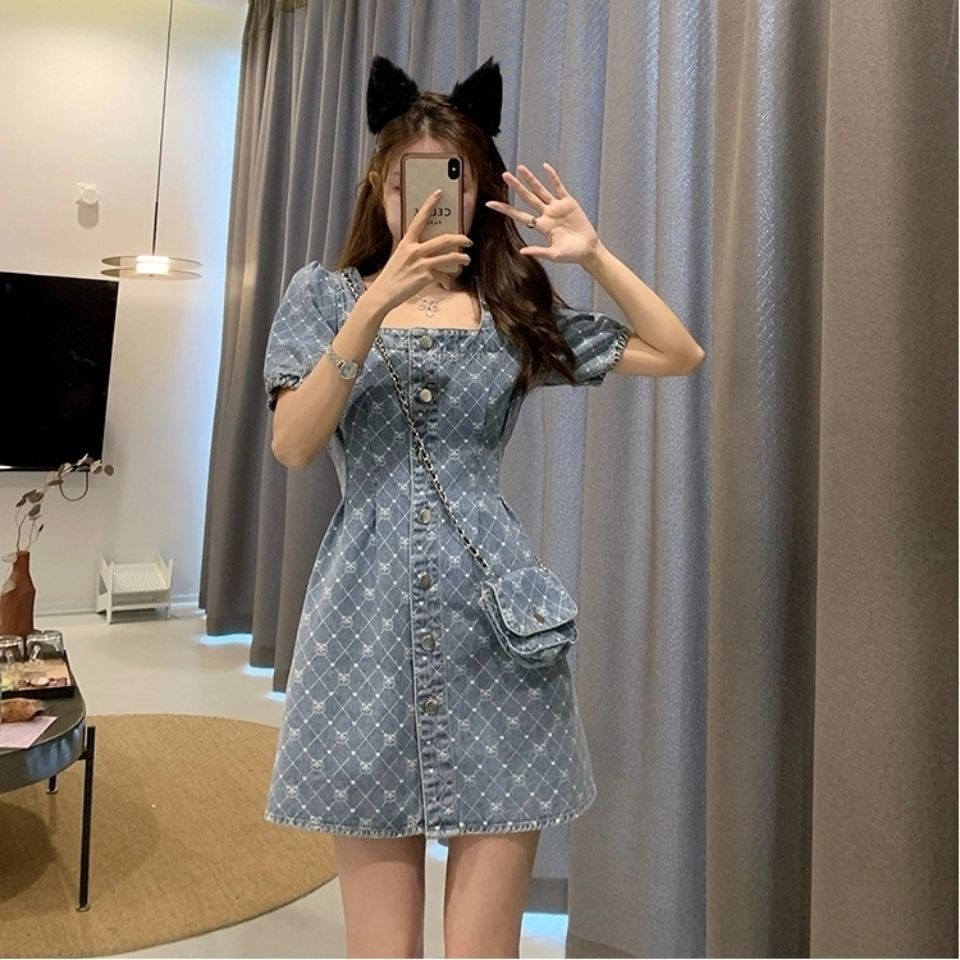 Đầm Denim Cổ Vuông Dáng Chữ A Thời Trang Mùa Hè 2022 Cho Nữ